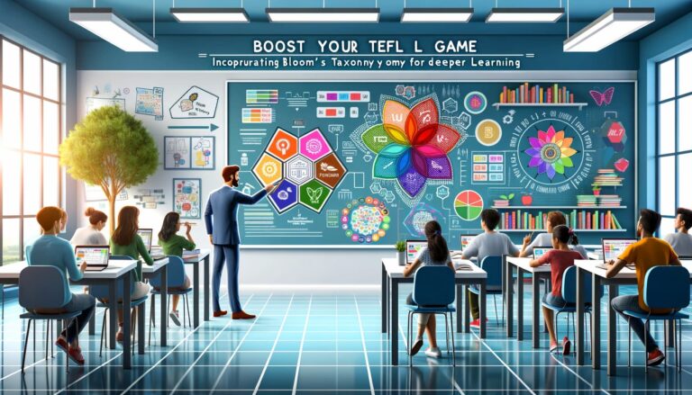 Interactive TEFL classroom with diverse students, teacher pointing at Bloom's Taxonomy chart, and blog title 'Boost Your TEFL Game' at the top.