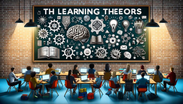 Modern classroom with diverse students and learning theories symbols on blackboard, illustrating Cognitive Load, Constructivist, and Cognitive Dissonance Theories for educational blog.