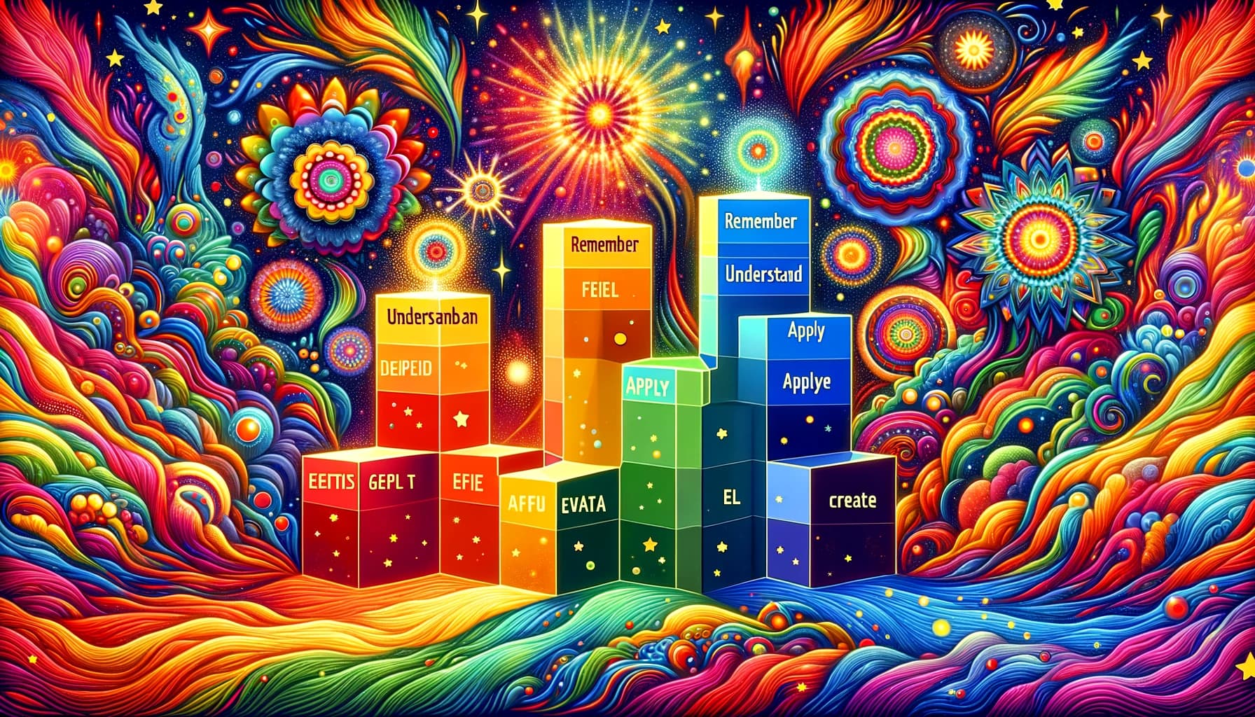 Psychedelic image with colorful abstract designs representing Bloom's Taxonomy levels for an EFL curriculum blog.