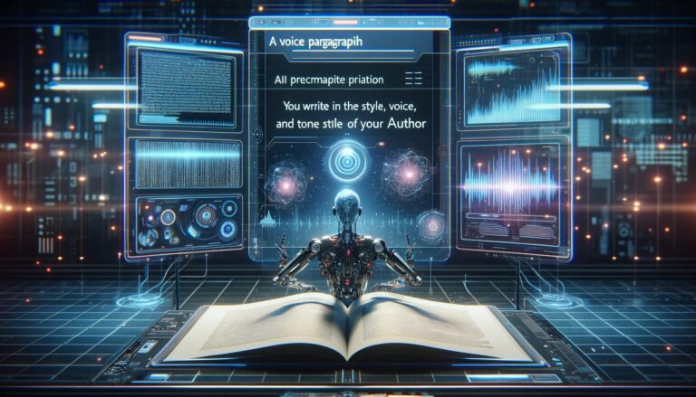 Advanced AI system with high-tech interface learning author's writing style, featuring holographic text and voice wave analysis in a futuristic setting.