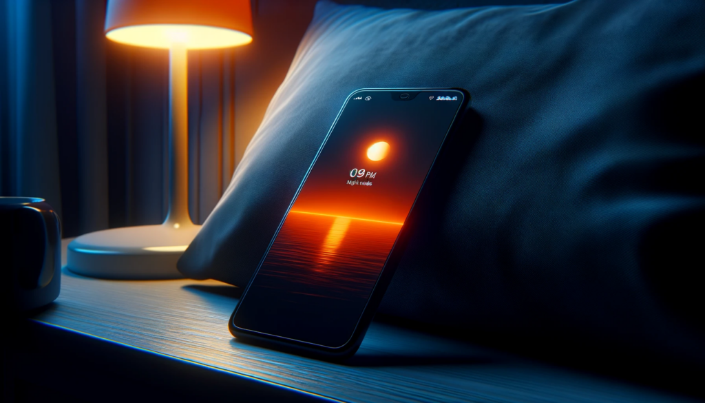 Mobile phone in night mode on bedside table to reduce blue light exposure.