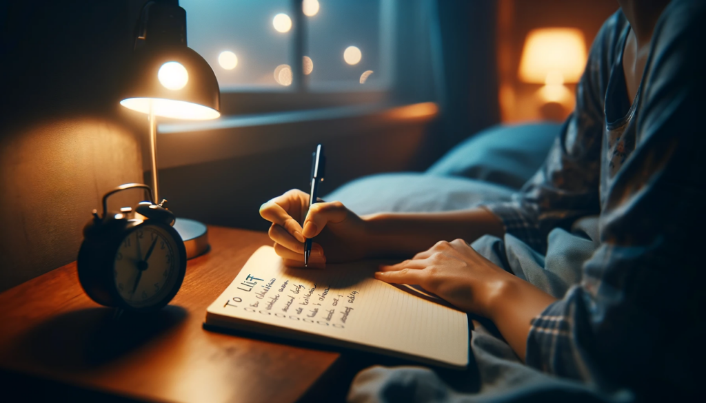 Person writing a to-do list at night to clear the mind for better sleep.