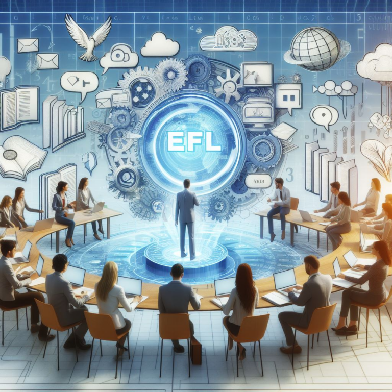 A group of people in business attire sitting around a circular table, using laptops and listening to a presenter. The background features various icons and symbols related to communication and technology, with a central glowing globe and the acronym "EFL."