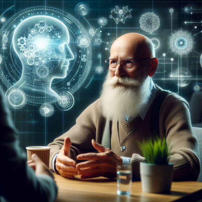 An elderly man with a white beard and glasses, engaged in a conversation, sits at a table with a cup and plant. Behind him, a digital illustration of a human head with mechanical gears and futuristic technology elements is visible.