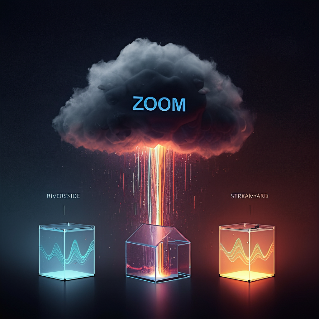 A dark cloud labeled "ZOOM" pouring a stream of light into a house below; two transparent cubes labeled "RIVERSIDE" and "STREAMYARD" are on either side of the house.