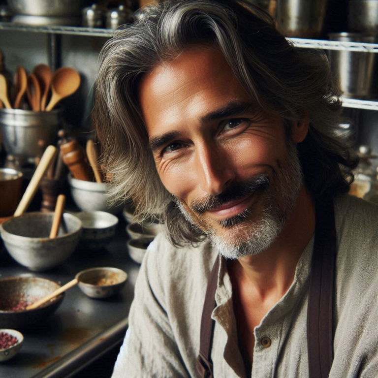 Smiling man with gray hair and a beard in a kitchen with various cooking utensils and bowls in the background.