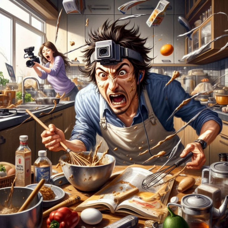 A man in a messy kitchen mixing ingredients with an intense expression, wearing a head-mounted camera. A woman in the background, also recording, looks shocked at the scene. Food and utensils are scattered everywhere.