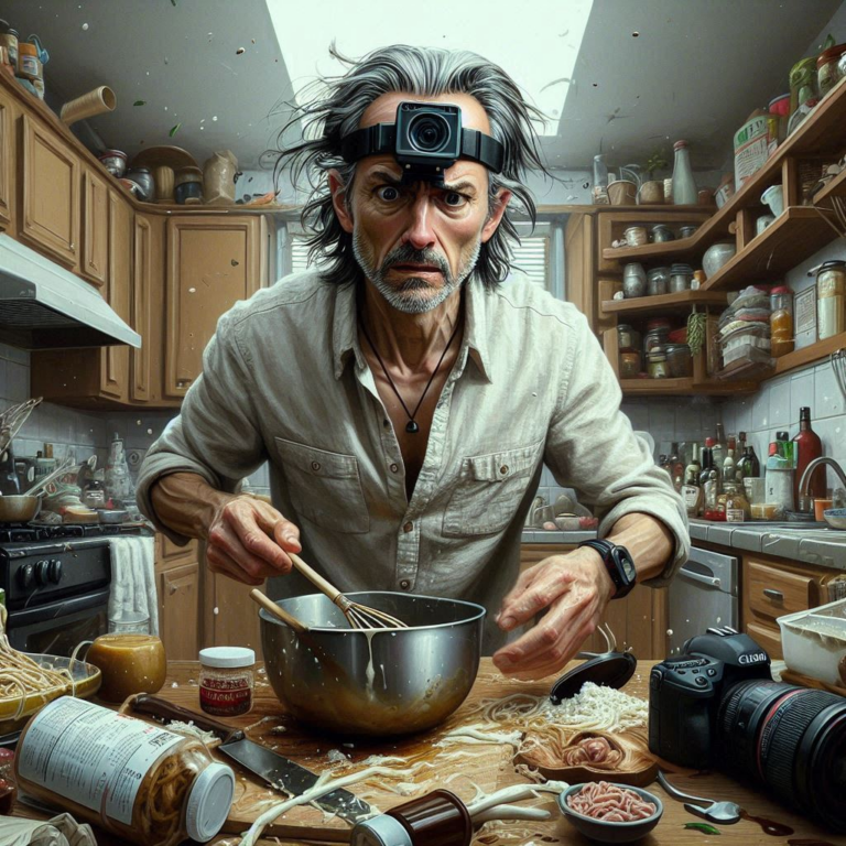 Man with a head-mounted camera whisking a mixture in a bowl, surrounded by a chaotic kitchen with ingredients and utensils scattered around.