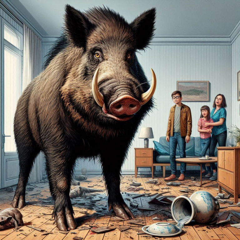 A large wild boar inside a living room, with three startled people standing in the background; broken pottery is scattered across the floor.