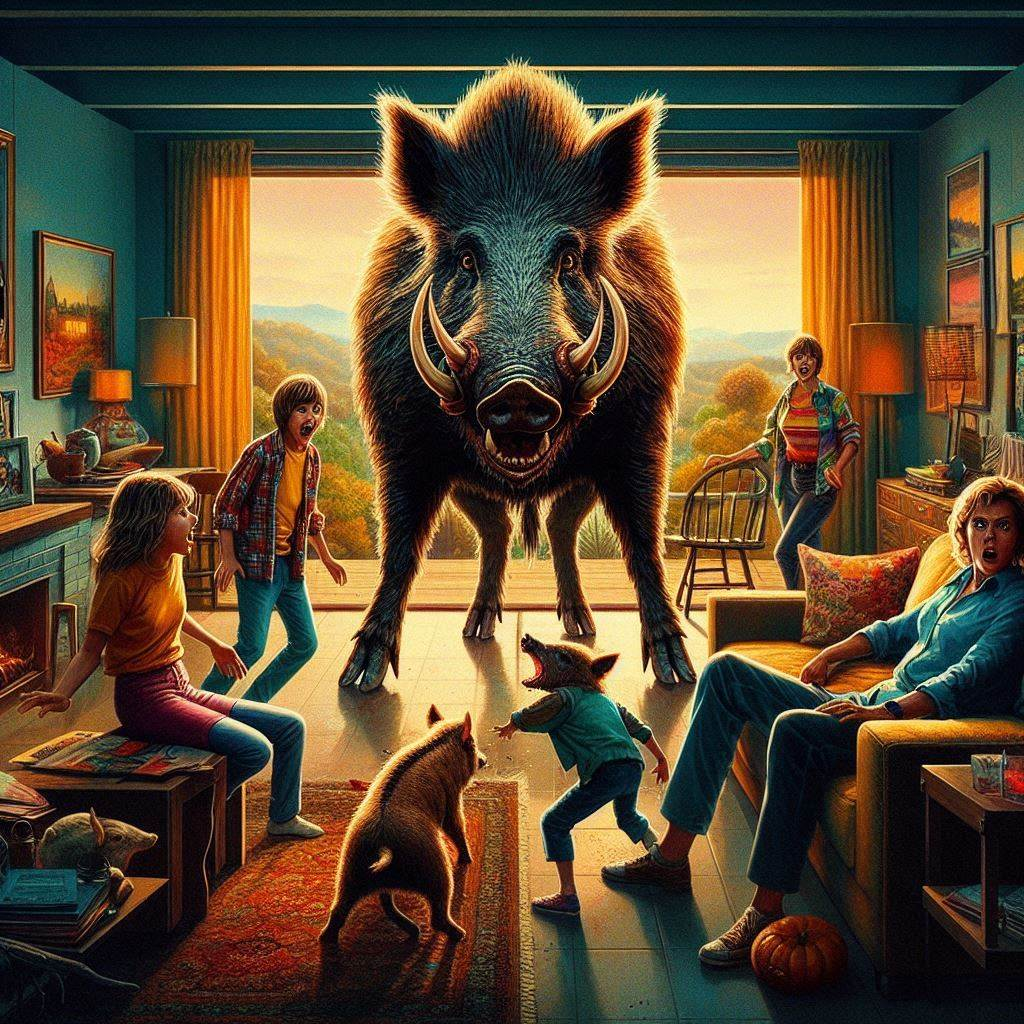 An enormous wild boar is standing in the middle of a living room filled with astonished children and adults, some of whom appear frightened while others seem stunned. The setting is a cozy, retro-styled room with family photos and warm lighting.