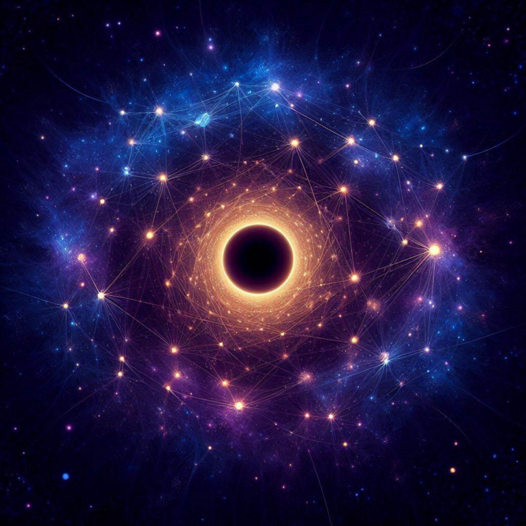 A glowing black hole surrounded by interconnected bright stars and cosmic elements in a deep space setting.