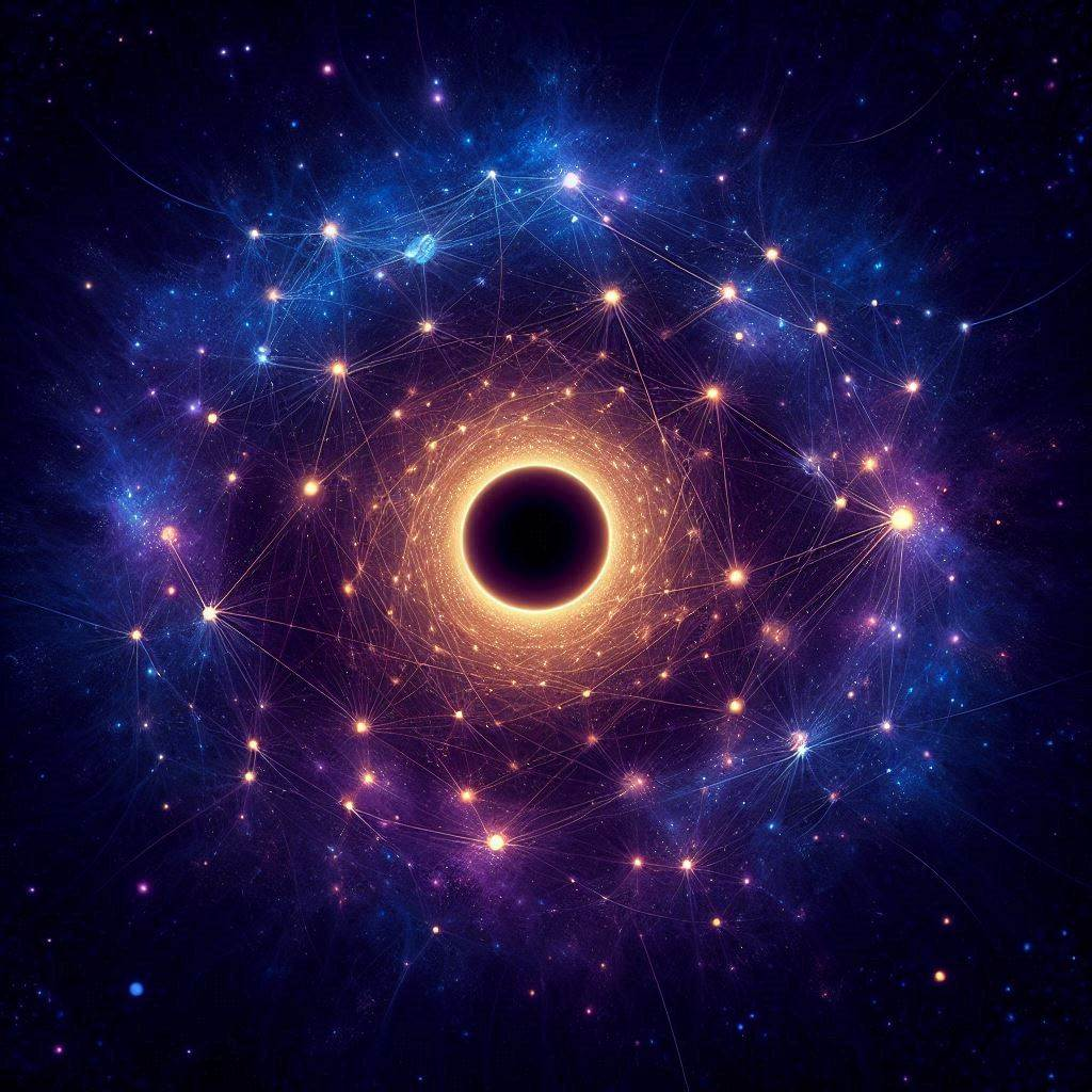 A glowing black hole surrounded by interconnected bright stars and cosmic elements in a deep space setting.