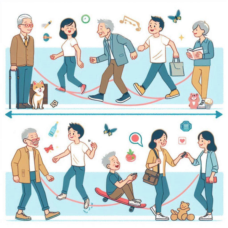 An illustration of multiple people walking and engaging in various activities, including reading, playing with a pet, skateboarding, and using electronic devices. The image depicts both children and elderly individuals interacting in a lively environment.