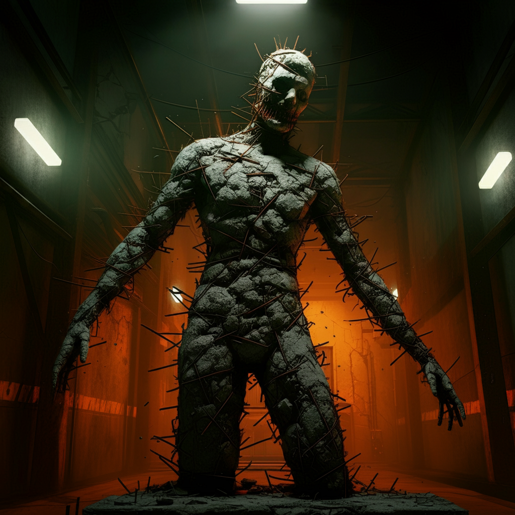 A large, menacing humanoid figure made of rough, textured material stands in a dimly lit hallway with a fiery orange and green background. The figure's body is pierced with numerous nails or spikes, and it has an eerie, expressionless face.