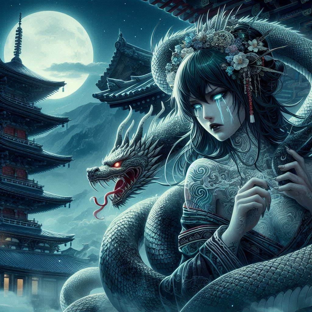 A woman with intricate tattoos, adorned in traditional attire and floral hair ornaments, stands with a serpentine dragon coiled around her in front of a pagoda under a full moon.