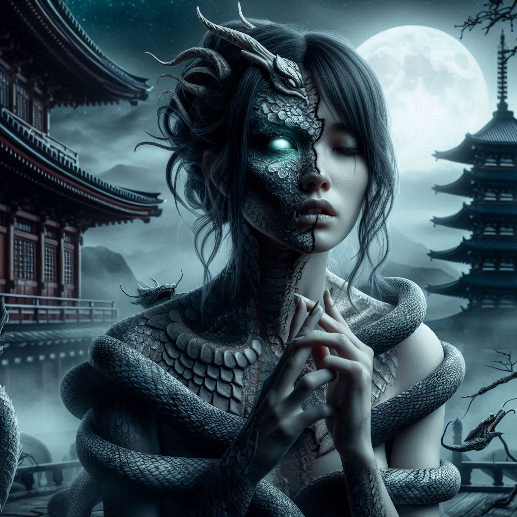 Woman with half-dragon face, glowing eye, and scales around her neck, surrounded by snakes, with traditional Asian architecture and a full moon in the background.