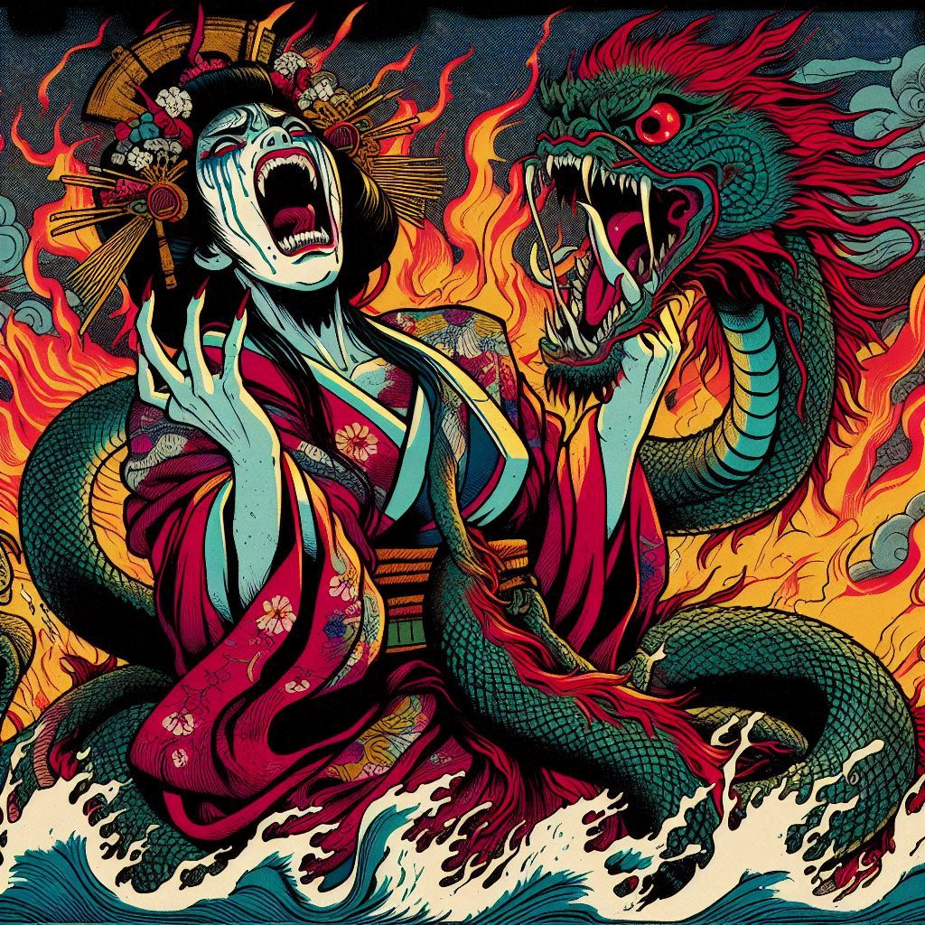 A stylized illustration of a woman in traditional Japanese attire with an anguished expression, entwined by a large green dragon amidst flames.