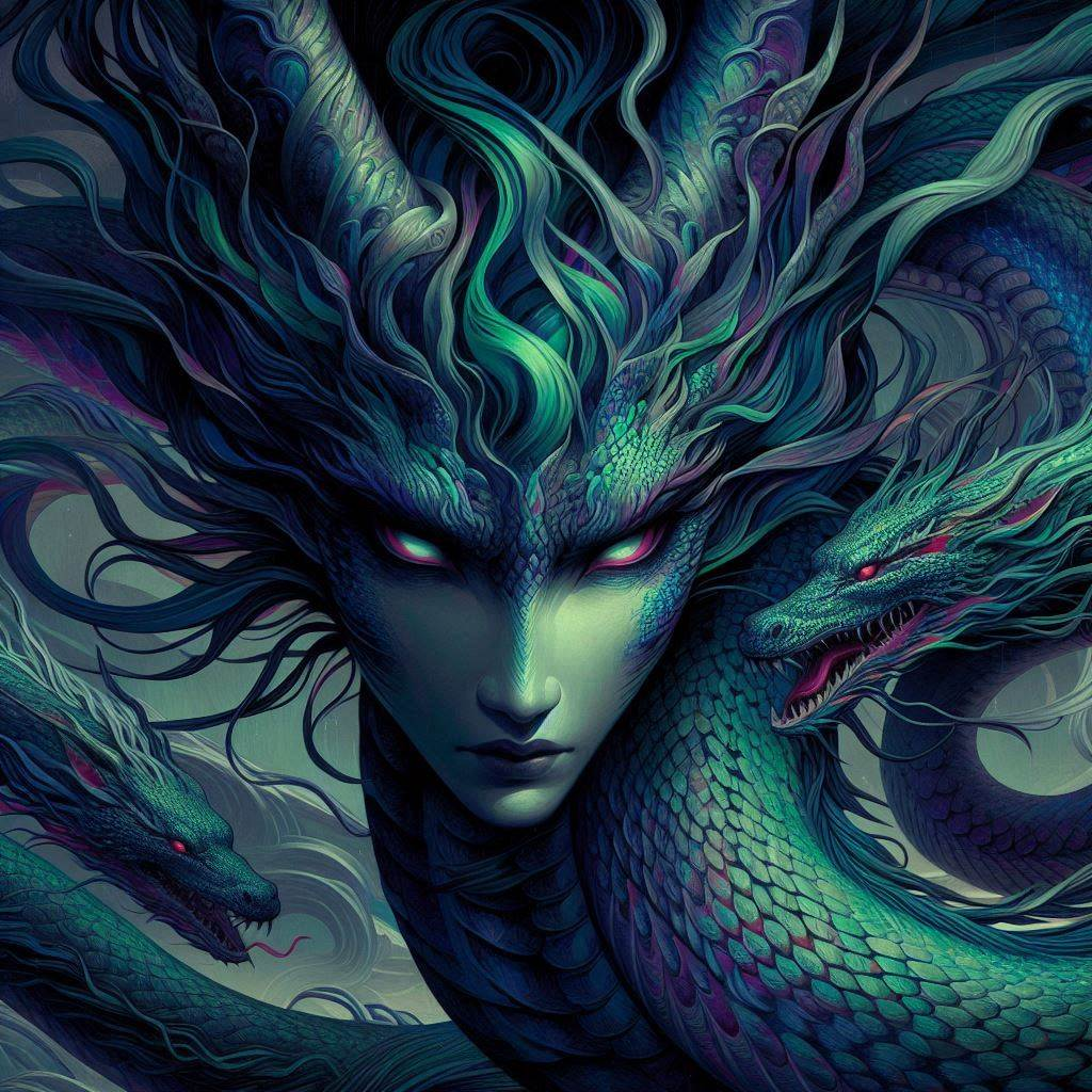 Fantasy artwork depicting a mysterious figure with dragon-like features, including scaly skin and glowing eyes, surrounded by two green serpentine dragons.