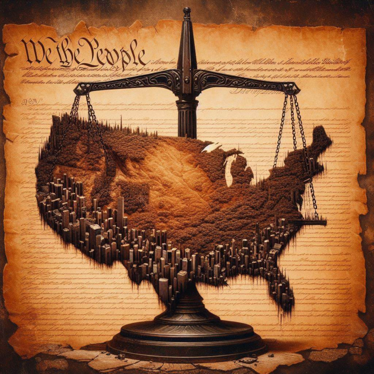 A depiction of scales of justice with each pan holding a map of the United States outlined by skyscrapers, set against a background of the U.S. Constitution with the text "We the People" prominently displayed.