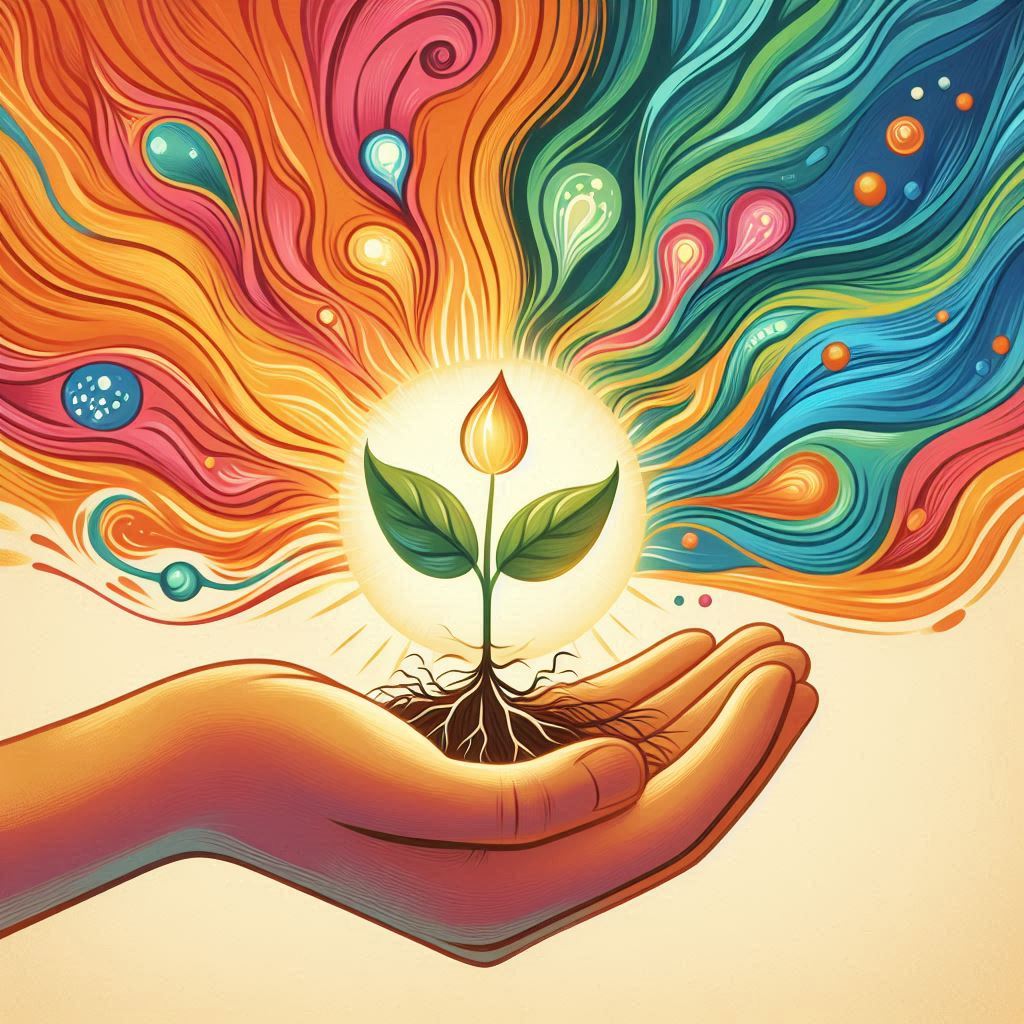 A hand cradles a small plant with roots visible. Vibrant, multicolored swirls radiate outward from the plant, creating an energetic and dynamic background.