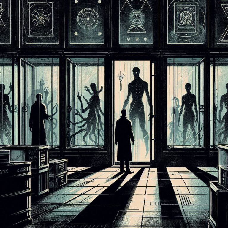 A person stands in a dimly lit room in front of large glass enclosures containing shadowy, humanoid figures with tentacle-like appendages. The room is filled with crates and mysterious symbols on the walls.