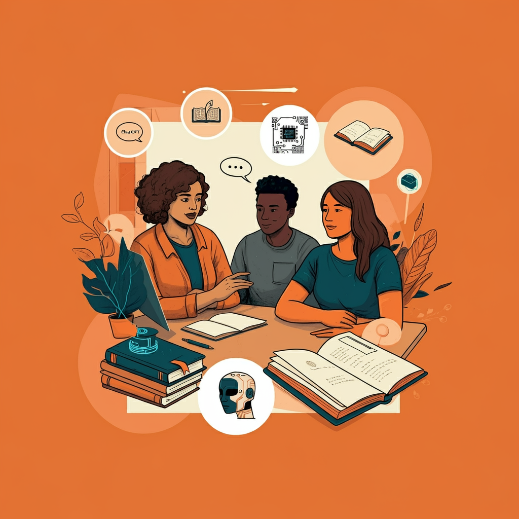 A group of three people engaged in a discussion at a table, surrounded by books and educational symbols, including a brain, a circuit board, and a chatbot icon, on an orange background.