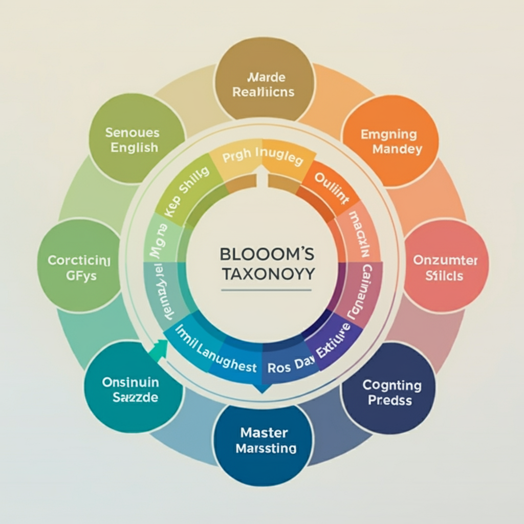 A conceptual diagram resembling Bloom's Taxonomy with intentionally distorted text. It presents various stages of cognitive skills in a circular layout with multiple categories and vibrant colors.