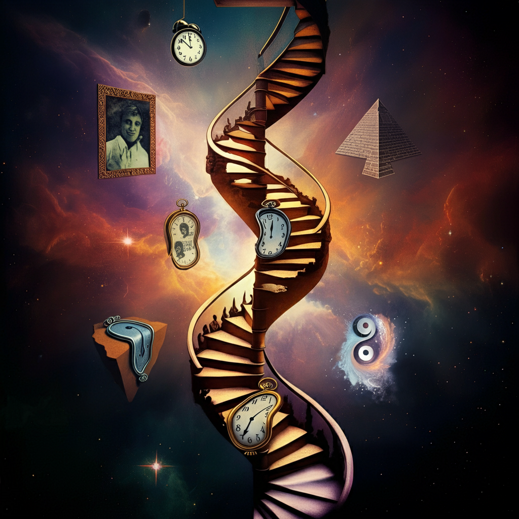 A surreal image depicting a twisting spiral staircase ascending into a colorful, cosmic background. The scene includes floating, melting clocks, a framed portrait, a pyramid, and a yin-yang symbol.