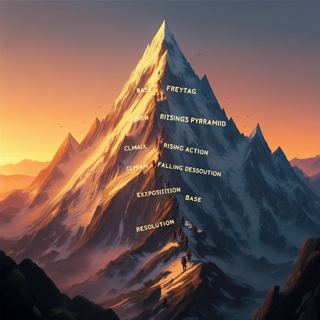 A depiction of a mountain with various narrative structure terms labeled on its slope, including "Base," "Climax," "Rising Action," "Falling Action," and "Resolution," alongside climbers ascending towards the peak at sunset.