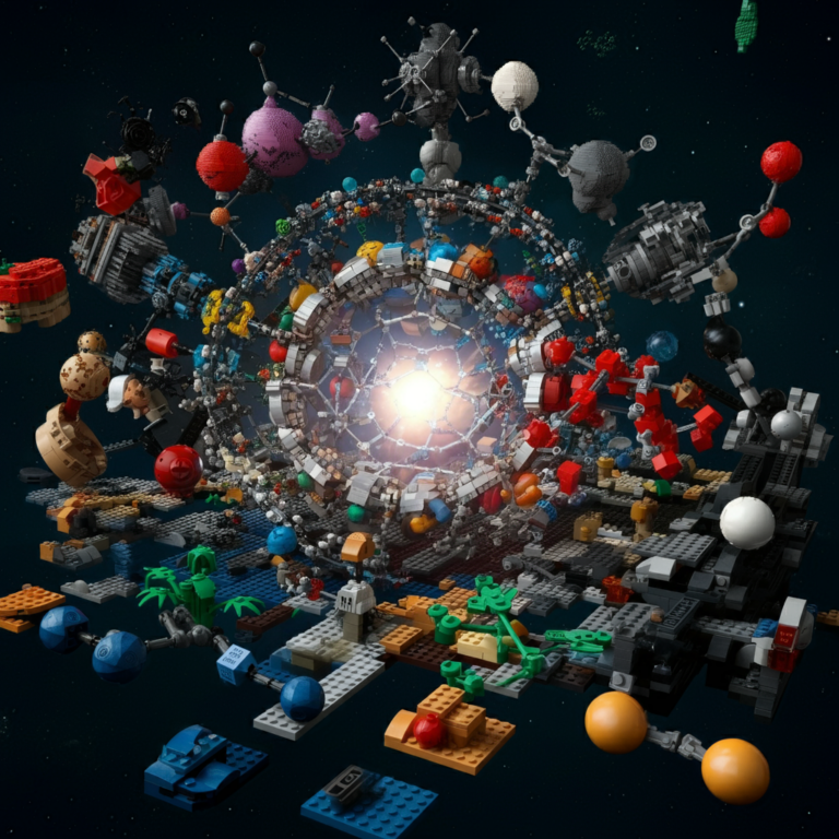 Lego model depicting a vibrant, colorful space scene with various planets, satellites, and a glowing central element.