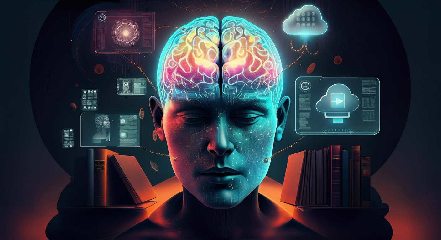 An artistic depiction of a human head with a digital brain, surrounded by glowing holographic interfaces and symbols representing technology, data, and knowledge, alongside books on either side.