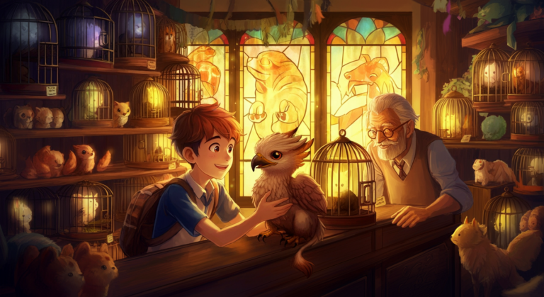 A young boy with brown hair and a backpack smiles at a small griffin-like creature perched on the counter in a whimsical pet shop filled with various magical creatures in cages. An elderly man with glasses and a beard watches them, standing beside the boy. The shop has warm lighting and stained glass windows depicting animals.