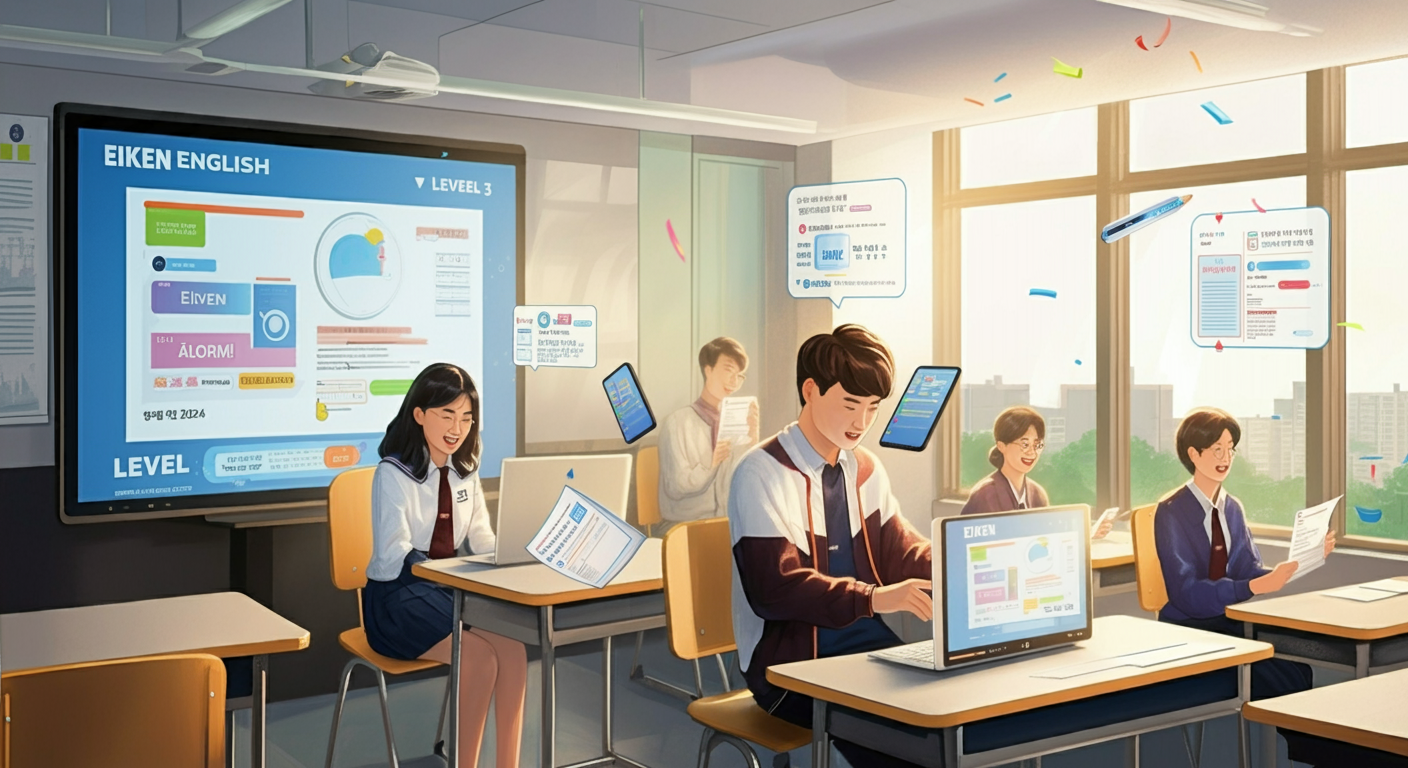 A classroom scene with students engaged in learning English. A female student is smiling while working on a laptop, and a male student is focused on a tablet. Others are reviewing printed materials. A large screen displays "EIKEN ENGLISH LEVEL 3" with colorful graphics. The classroom has natural light from large windows and educational posters on the walls.